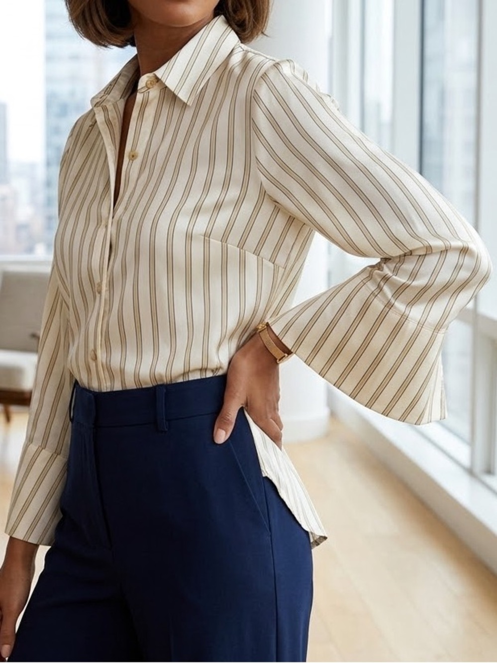 Elie Tahari Cream Striped Bell-Sleeve Button-Down Shirt